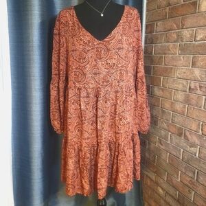 Lucky Brand Women's Long Sleeve V-Neck Tiered Paisley Dress - Size L